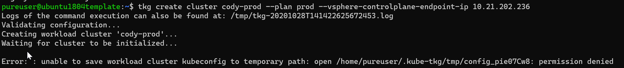 Error: : unable to save workload cluster kubeconfig to temporary path ...